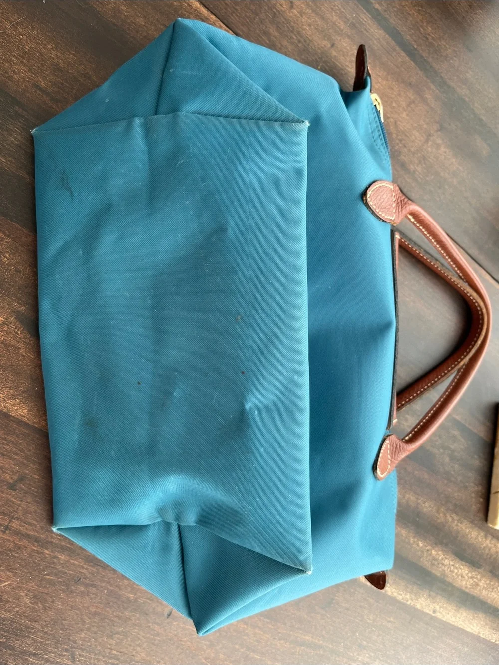 Longchamp Teal Nylon Le Pliage Small Tote Brown Leather Trim. 14”wide x 8”tall